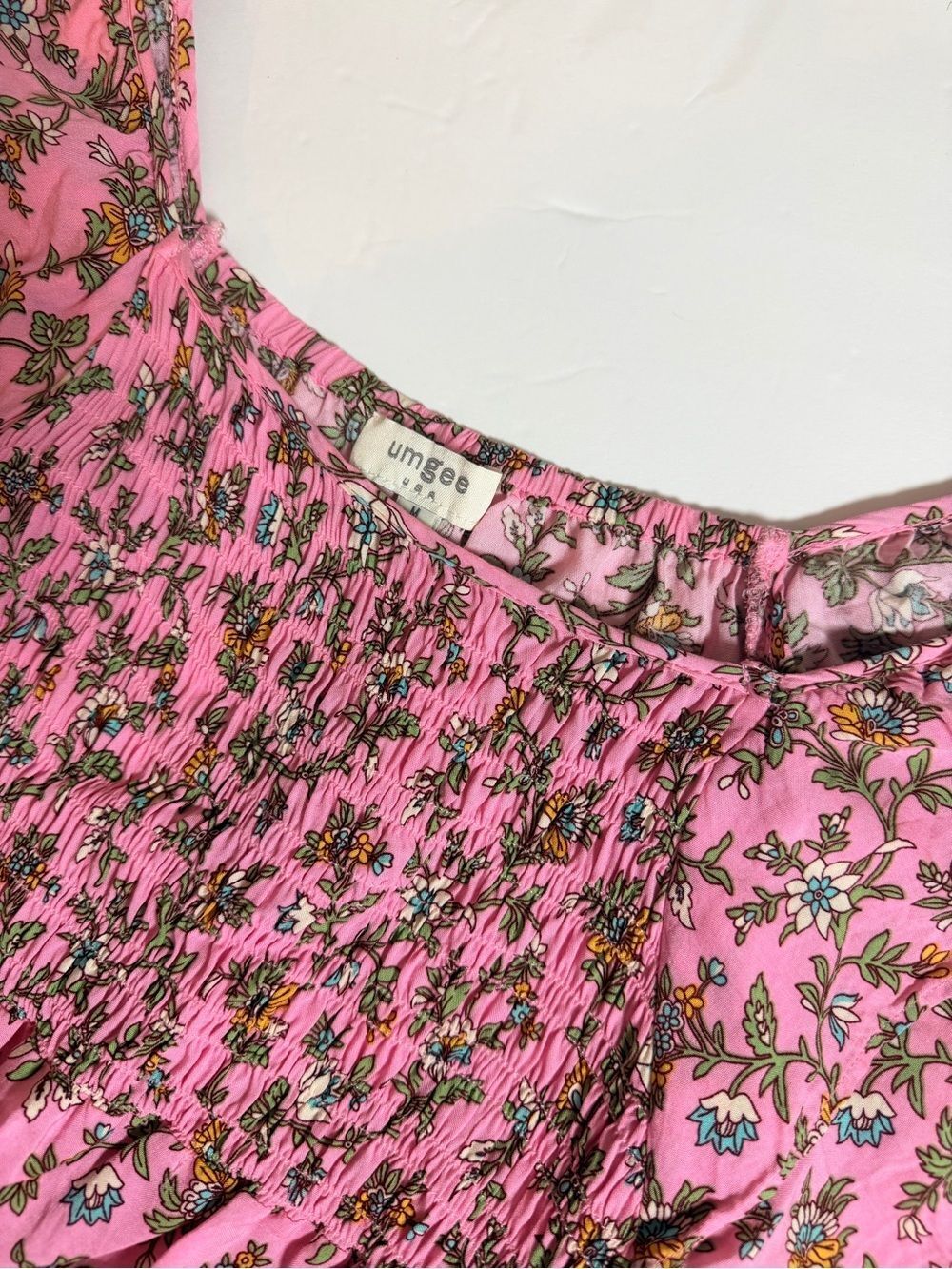 Umgee Pink Floral Midi Smoked Dress Medium Boho Cottagecore Praire Spring